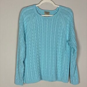 LL Bean Cable Knit Sweater Womens XL Light Blue Cotton Pullover Preppy Classic